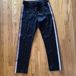 Sandro Paris sz 1 Black shiny Track Pants pink Side Stripes elastic + tie waist